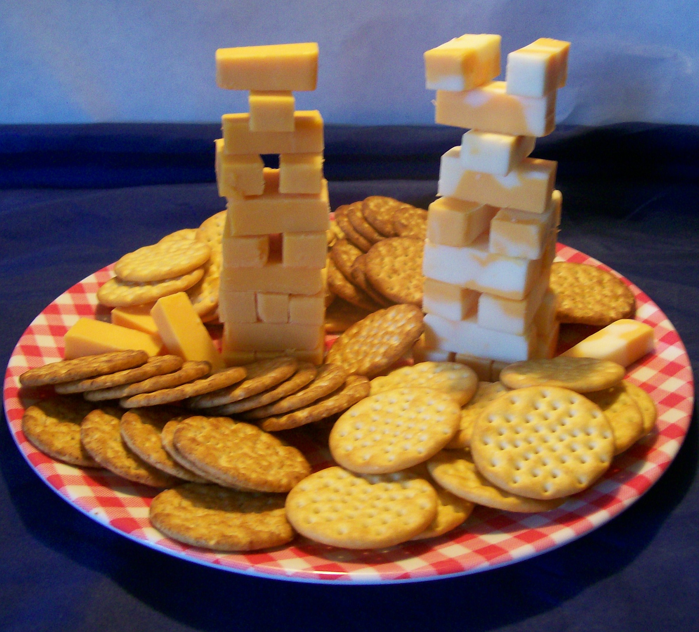 Serve Jenga Cheese Towers with Crackers for a Game Night Snack
